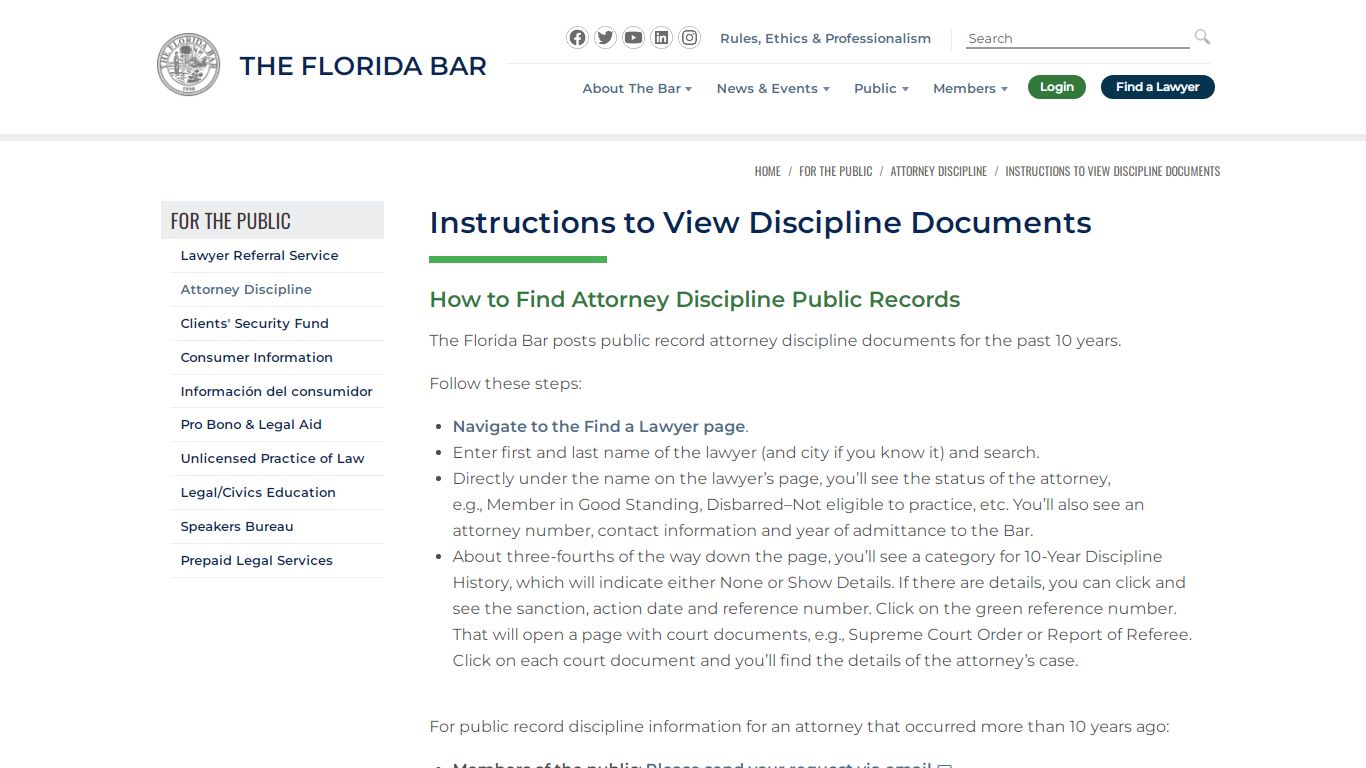 Instructions to View Discipline Documents - The Florida Bar